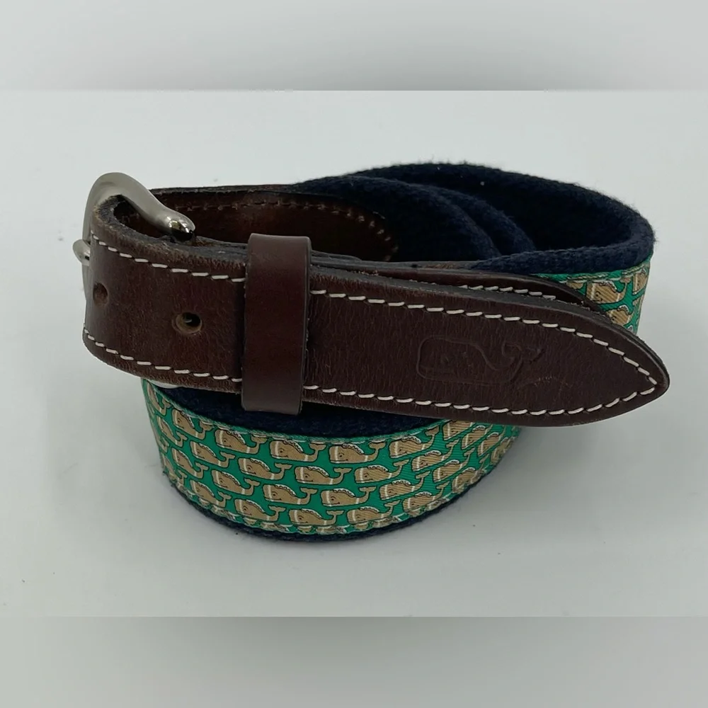 Vineyard Vines Green‎ & Navy Blue Football Whale Logo Canvas Club Belt Size 30
